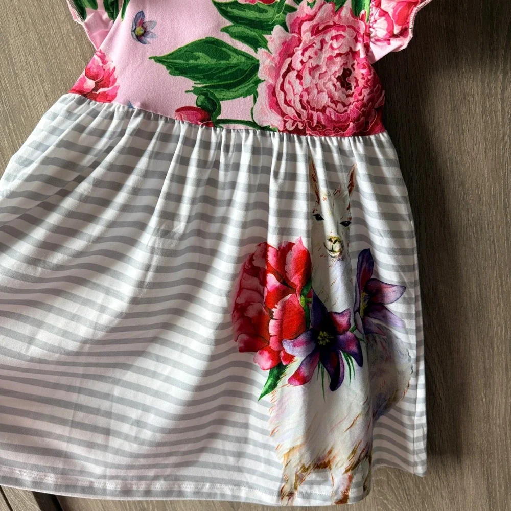 Penelope Plumm Llama Floral Striped Dress Girls 4 Pink Grey Flutter Sleeve NWT